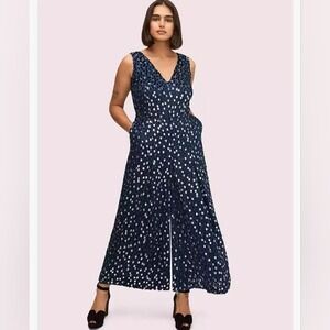 KATE SPADE NY Women's 4 Navy/Silver Scatter Dot‎ Silk Velvet Burnout Jumpsuit